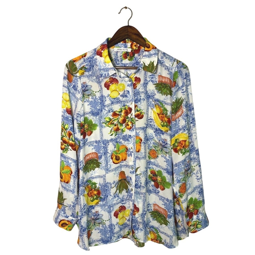 ROSE + OLIVE Size 1X Fruit Print Novelty Button Up Tunic Top Fun‎ Quirky